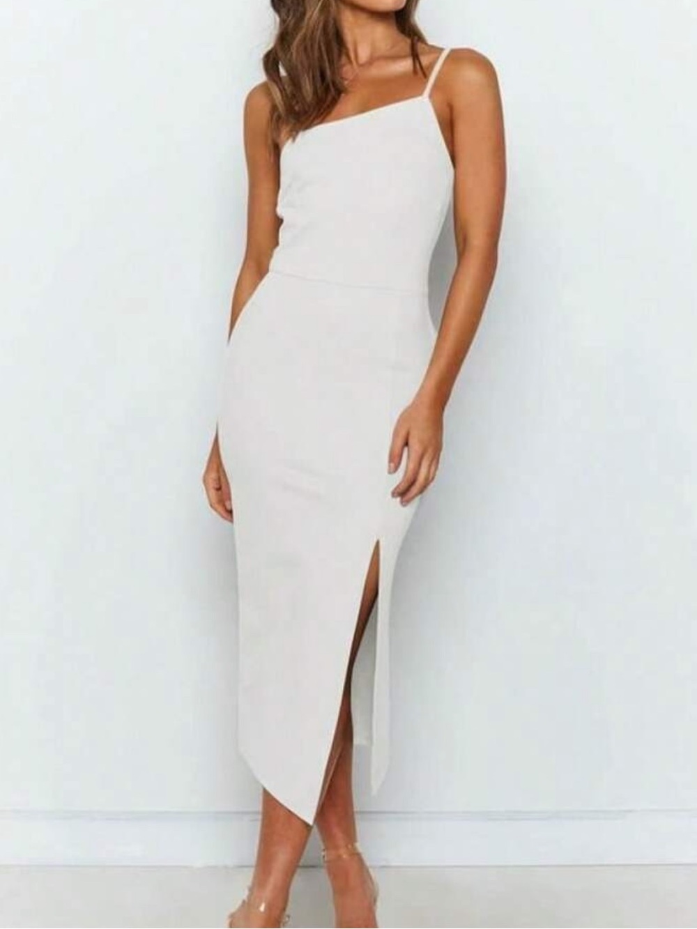 SHEIN Elegant White One-Shoulder Ruched Midi Dress w/ Slit (Worn Once!
